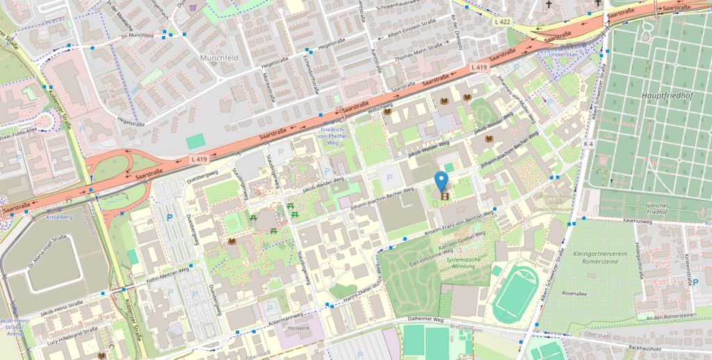 Karte mit Marker auf dem Gebäude Muschel der Uni Mainz (Johann-Joachim-Becher-Weg 21, 55128 Mainz)